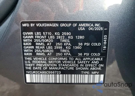 2025 Volkswagen Atlas Se from USA, damaged, VIN 1V2JR2CA9SC556723